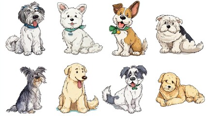 Cartoon watercolor puppies stickers of different breeds sitting on white background