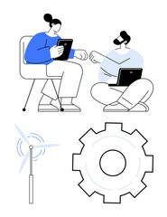 Two team members discuss ideas using a tablet and laptop, alongside wind turbine and gear graphics. Ideal for teamwork, innovation, sustainability, energy, brainstorming, technology, simple landing