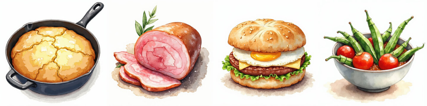 Watercolor Illustration of Southern Comfort Food: Stewed Okra, Ham, Biscuit Sandwich, and Cornbread