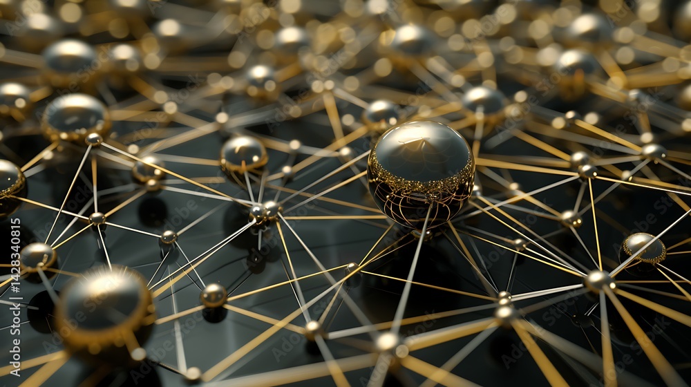 Poster abstract network structure featuring golden spheres connected by luminous lines on a dark reflective