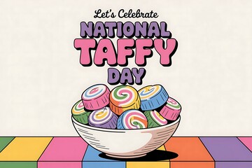Celebrate National Taffy Day with a bowl of colorful swirled taffy candies a sweet treat illustration with bold typography and a retro inspired design on a vibrant striped table