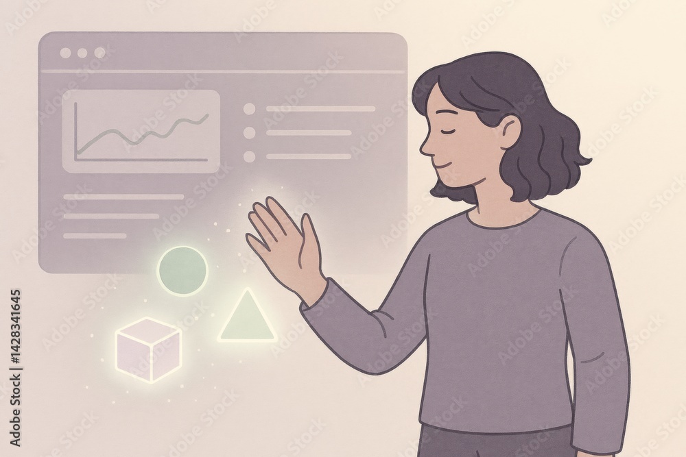 Poster design interaction illustration: a person interacts with an innovative interface showcasing data ana