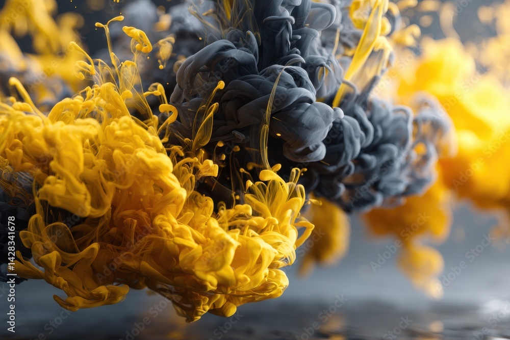 Poster an artistic swirl of yellow and dark gray ink in water, creating dynamic patterns, a modern abstract