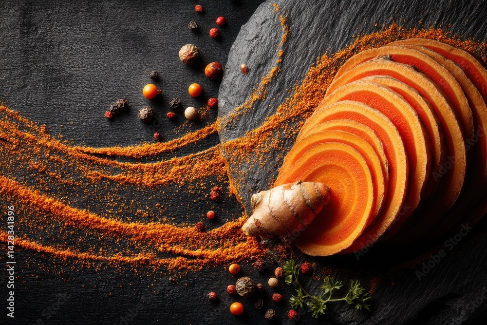 Poster vibrant composition of sliced turmeric root with spice powder and peppercorns, artistically arranged
