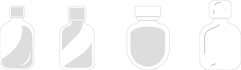 Fototapeta premium Vector icons of cosmetics bottle. Cosmetics for care, conditioner for beauty and health of hair. Plastic organic packaging resistant. Liquid soap, balm, moisturizing masks. Editable stroke, thin line.