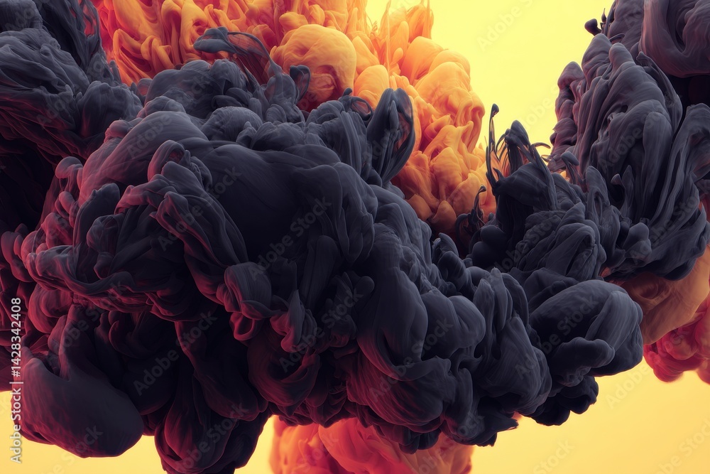 Poster abstract ink swirling in water, creating a dynamic cloud-like formation, with an interplay of dark a