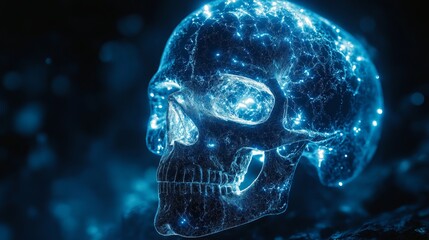 Glowing digital human skull with neon blue particle lights in dark space background.