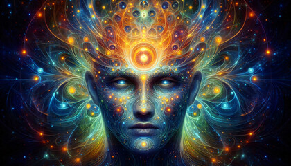Mystic fractal energy emerging from calm face with glowing third eye, digital portrait blending metaphysical awareness with medical and cosmic light symbolism in psychedelic art