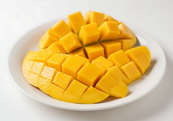 Sliced Mango on White Plate on Isolated Background