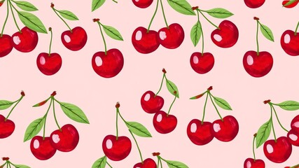 Sweet Red Cherries Seamless Pattern Background Juicy Summer Fruit Illustration
