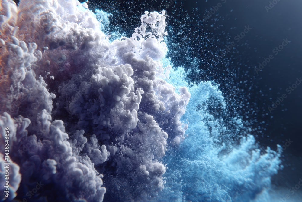 Poster an abstract fluid dynamic simulation featuring white and blue liquid with high detail, creating a ca