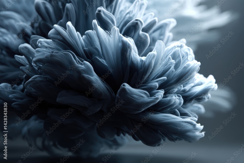 Poster abstract blue-gray smoke or liquid cloud formation with dynamic swirls and intricate patterns, creat