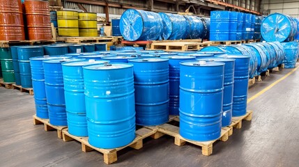 Blue chemical barrels stacked on pallets inside warehouse Industry concept for chemicals oil and transport technology