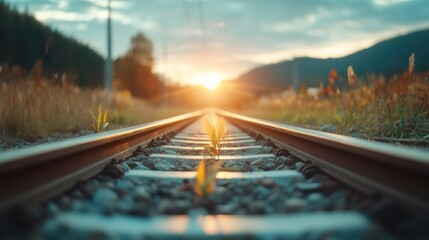 In this striking image, vibrant green grass sprouts between the railway tracks, bathed in warm sunlight, symbolizing resilience and the beauty of nature&rsquo;s revitalization.