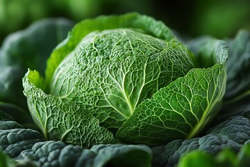 Fototapeta premium Fresh Savoy Cabbage Head Closeup with Intricate Leaf Veins and Green Texture Detail