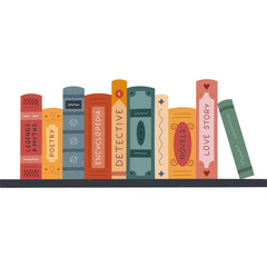 Lovely cartoon bookcase with books of different genres. Long bookshelf with fiction literature, encyclopedia, poetry, love story, detective, novel, legend and myths. Reading clipart isolated on white.