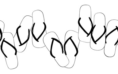 Summer flip flop seamless horizontal border. Vector graphic line ink pattern with beach slipper, pool shoe, sea sandal . Rubber footwear isolated on white background.