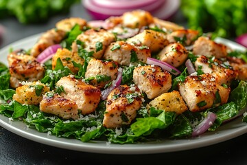 Fototapeta premium Plate of Grilled Chicken Bites with Croutons, Red Onion, Greens, & Parmesan Topping