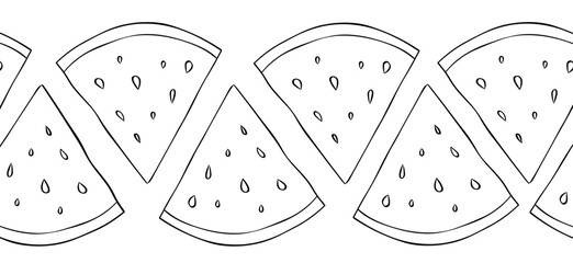 Watermelon slice seamless horizontal vector border. Graphic line ink Summer fruit repeating pattern. Banner, poster, wrapping paper, sticker, print, modern textile design.