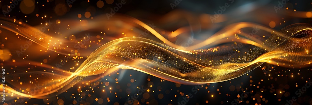 Poster abstract flowing waves of golden light and sparkling particles. elegant, magical energy concept agai