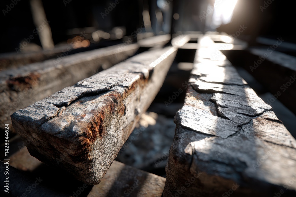 Poster close-up view of old weathered wooden beams with cracks and rust, showcasing texture and natural agi