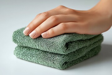 Stacked Green Towels Pressed by LightSkinned Woman Hand with Painted Nails Closeup Shot