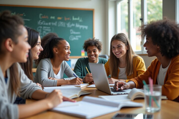 Happy international students friends sitting at desk in coworking space and using laptop, making project together or watching educational video, panorama. AI