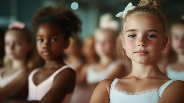 A group of young dancers in various pastel-colored leotards, showcasing diversity and determination while practicing in a well-lit dance studio environment.