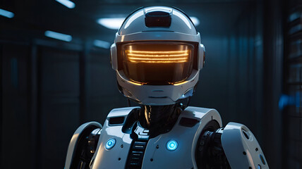 Fototapeta premium A robotic police officer with a glowing badge and scanning visor.