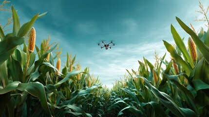 Obraz premium Corn seeds and leaves with drone above 3D illustration with space for text Precision farming concept
