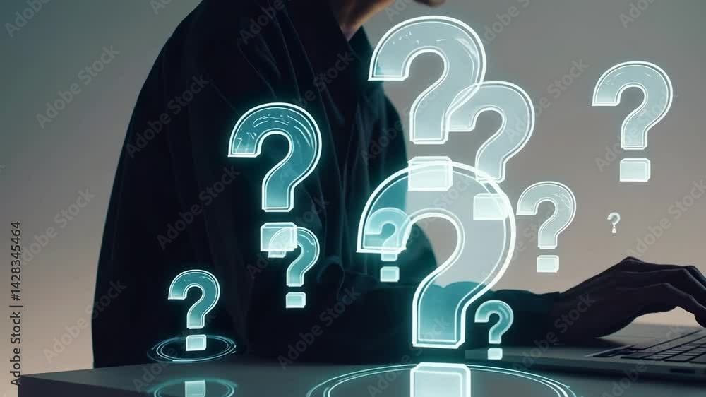 Aufkleber Holographic question marks surround a programmer typing code on a laptop, symbolizing problem solving, decision making, and the search for solutions in software development
