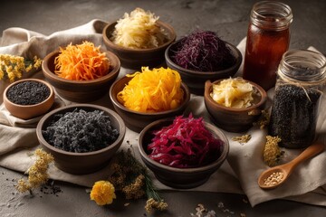 Variety of colorful fermented vegetables and seeds in wooden bowls, sitting on a rustic linen cloth, offering a vibrant and healthy display of culinary delights.