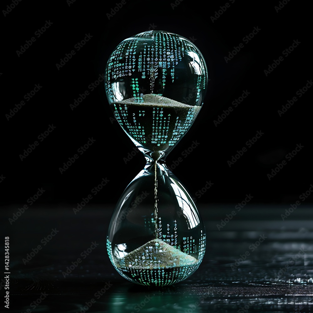 Poster glass hourglass with falling sand, overlaid with glowing digital binary code effect. time, technolog