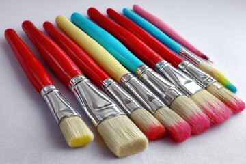 Fototapeta premium A colorful array of paintbrushes with red, blue, yellow, and pink handles placed neatly on a white textured surface, creating a vibrant and artistic composition.