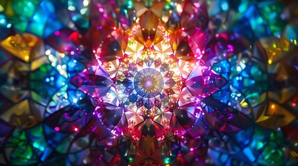 Vibrant kaleidoscopic pattern created from colorful gems and jewels. Symmetrical abstract background featuring bright, refracted light and intricate details.
