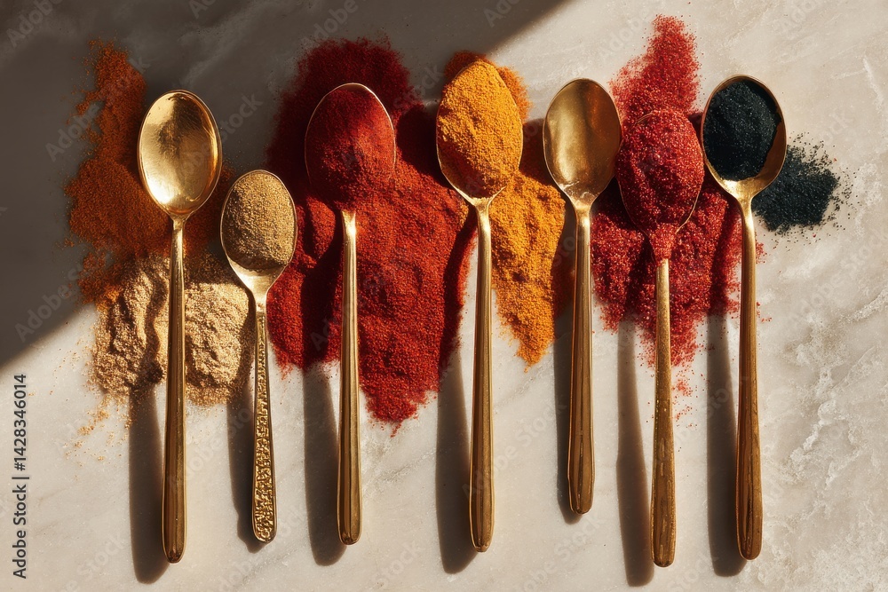 Poster an elegant arrangement featuring an array of golden spoons filled with vibrant spices, creating a vi