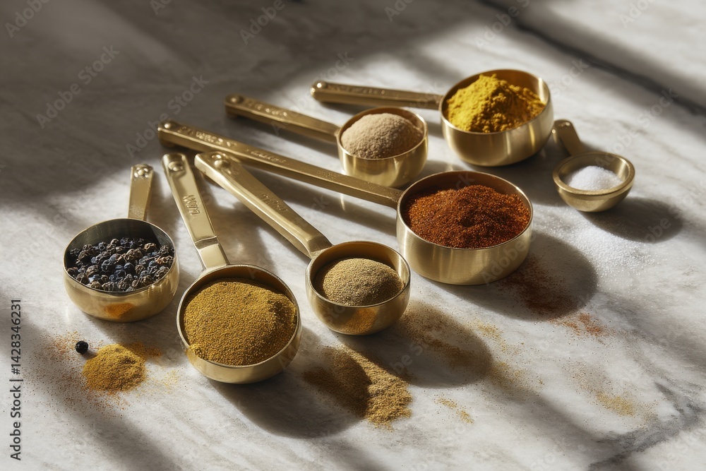 Poster close up view of a culinary display of brass measuring spoons containing an assortment of colorful g