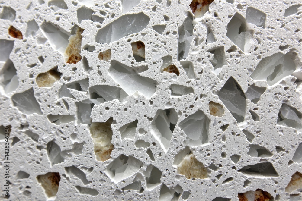 Poster close-up of a white terrazzo surface composed of irregular quartz and marble chips creating a visual