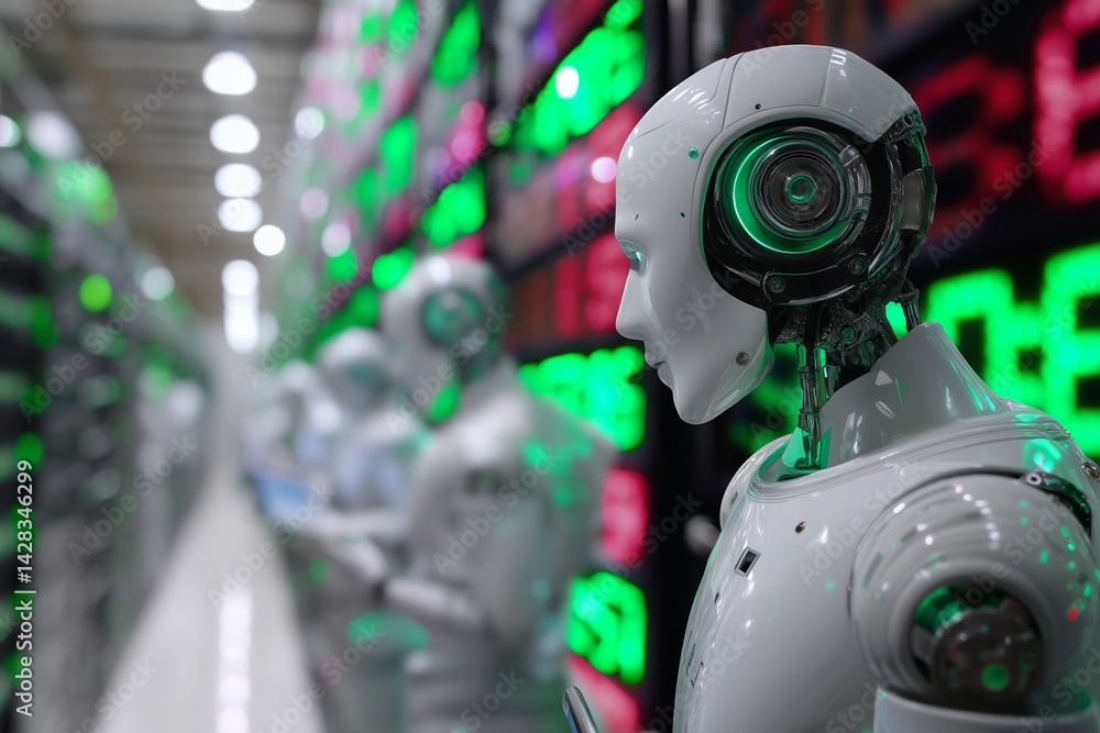 Aufkleber advanced robotics operating in a high-tech data center with green and red lights in the background