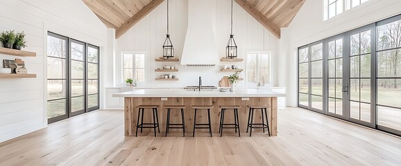 Light-filled modern kitchen with wood island, large windows, and high ceilings