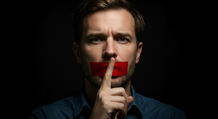 a man with red tape over mouth makes silent gesture with finger. Censorship and freedom of speech suppression concept.