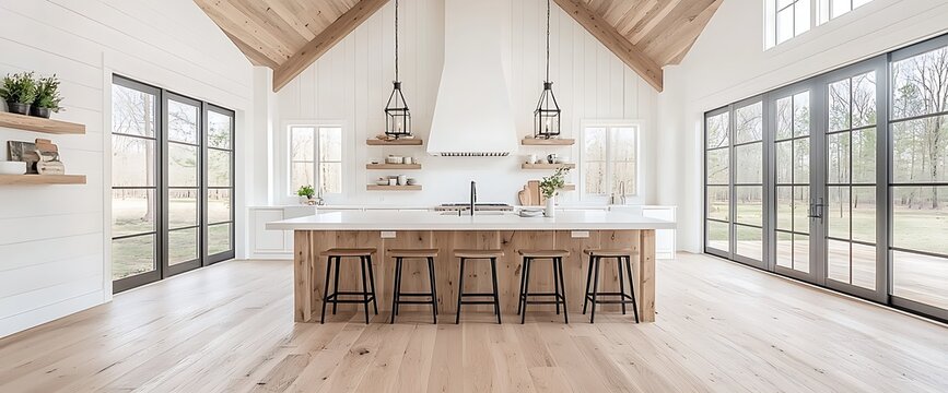 Light-filled modern kitchen with wood island, large windows, and high ceilings