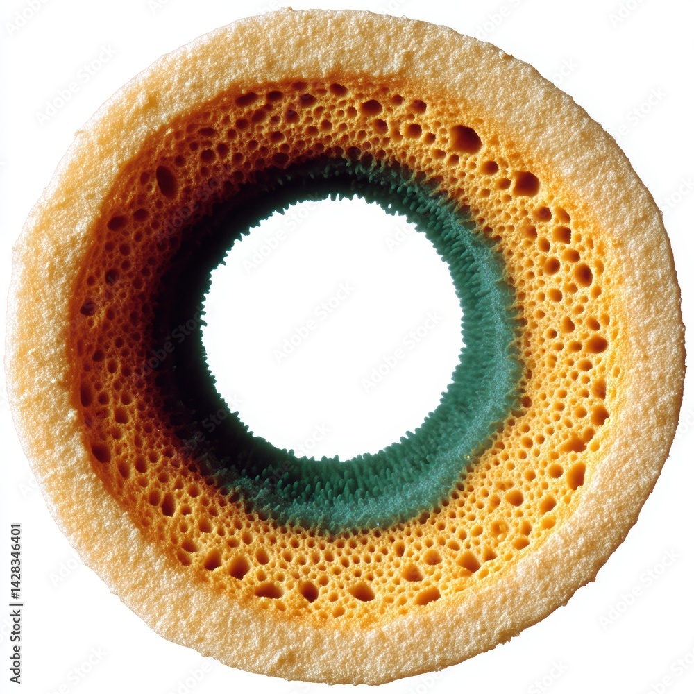 Poster a vibrant cross-section of a sponge, showcasing its porous texture with contrasting colors of yellow