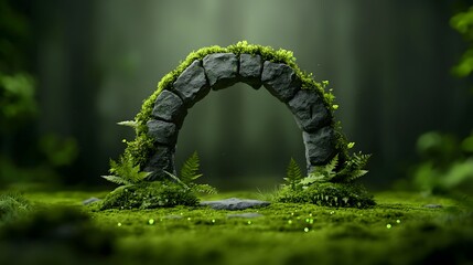 Enchanted forest retreat with a towering stone archway