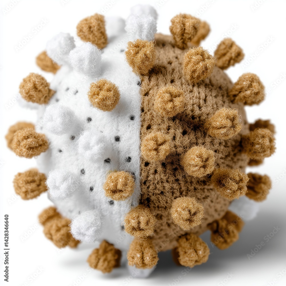 Poster a detailed model of a virus, showcasing its structural features with distinct colors and textures, e