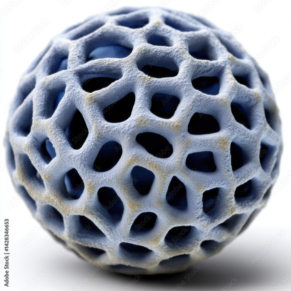 Poster an intricate, textured blue sphere resembling a porous structure, showcasing a network of holes and 