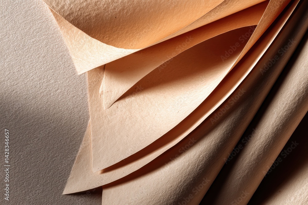 Poster an abstract close-up view of layered beige paper creating textured patterns and shadows, ideal for b