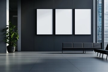 Modern minimalist waiting area with empty posters