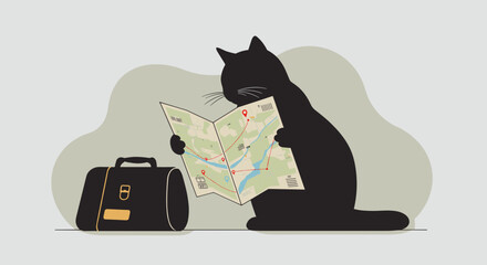 Black cat reading a map with a bag, creative illustration in minimalist style
