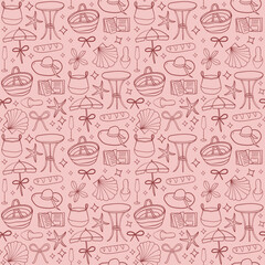 Vector seamless decorative pattern with seaside holidays elements such as sun umbrella, bows, pearls, wine glass. Perfect for greeting cards, wedding or anniversary invitations, textile and other